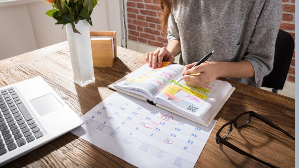 Executive Function Planning Skill illustrated by teen writing in planner and looking at calendar